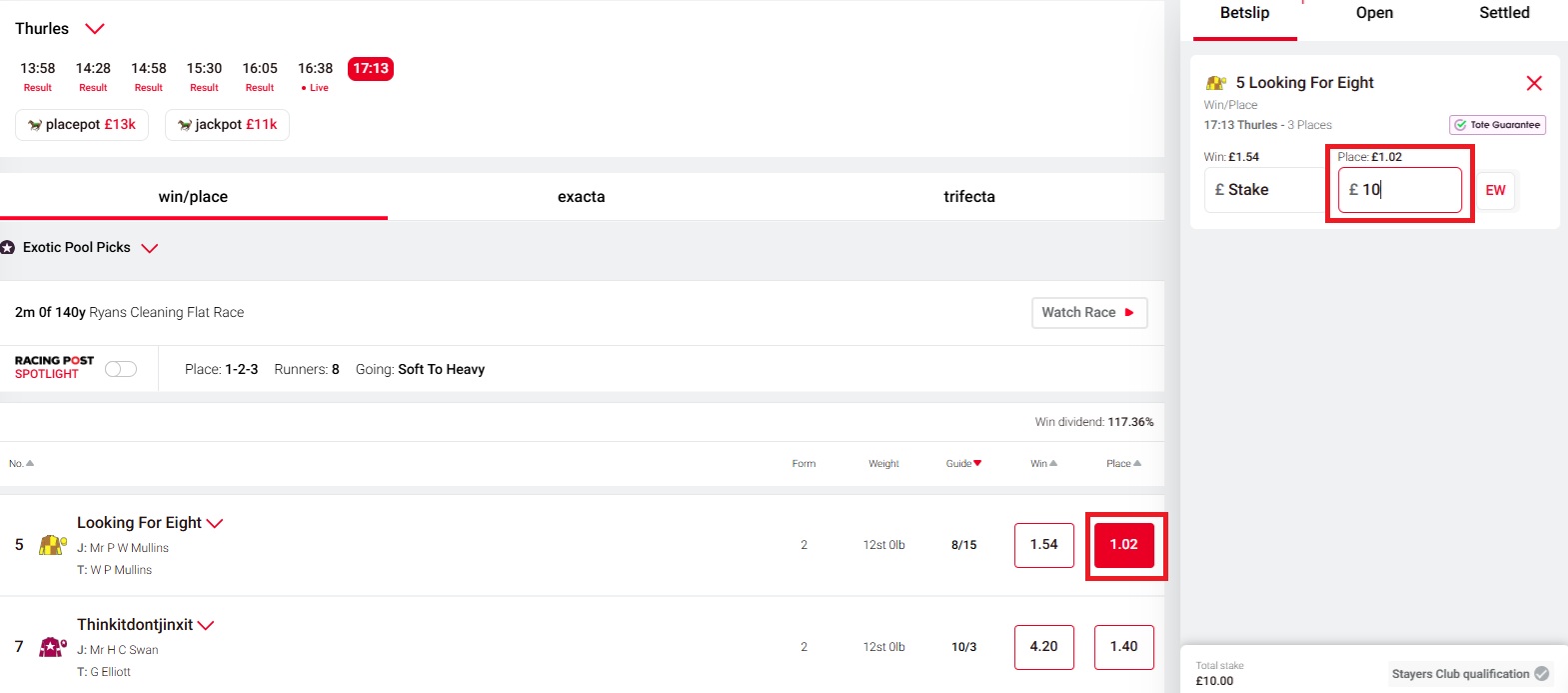 image of a tote racecard with a place bet added to the betslip and a stake of £10 entered